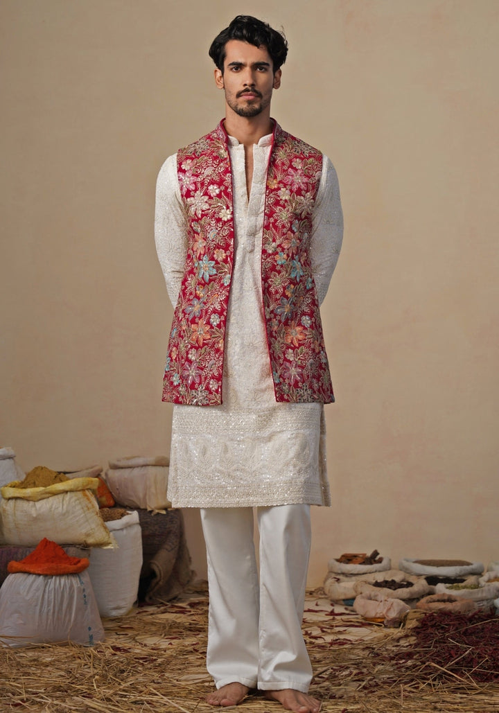 Ivory and Hot Pink Georgette Kurta Jacket Set Kalpraag - Fabilicious Fashion