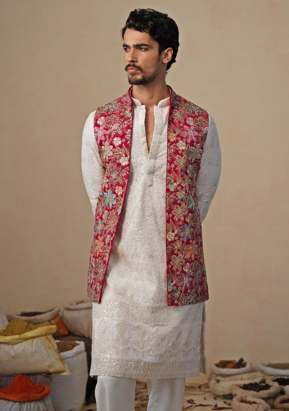 Ivory and Hot Pink Georgette Kurta Jacket Set Kalpraag - Fabilicious Fashion