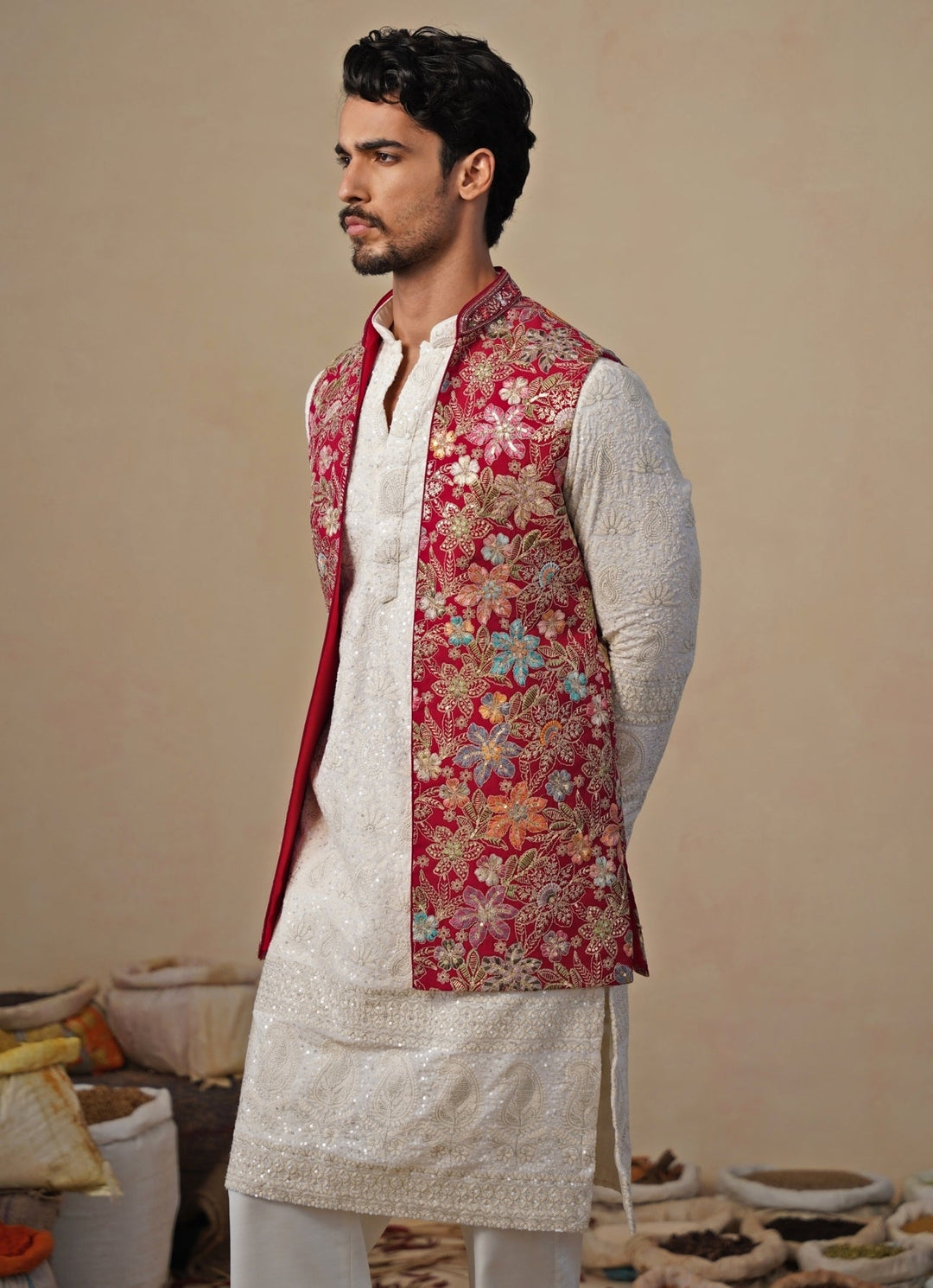 Ivory and Hot Pink Georgette Kurta Jacket Set Kalpraag - Fabilicious Fashion