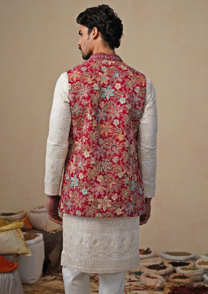 Ivory and Hot Pink Georgette Kurta Jacket Set Kalpraag - Fabilicious Fashion