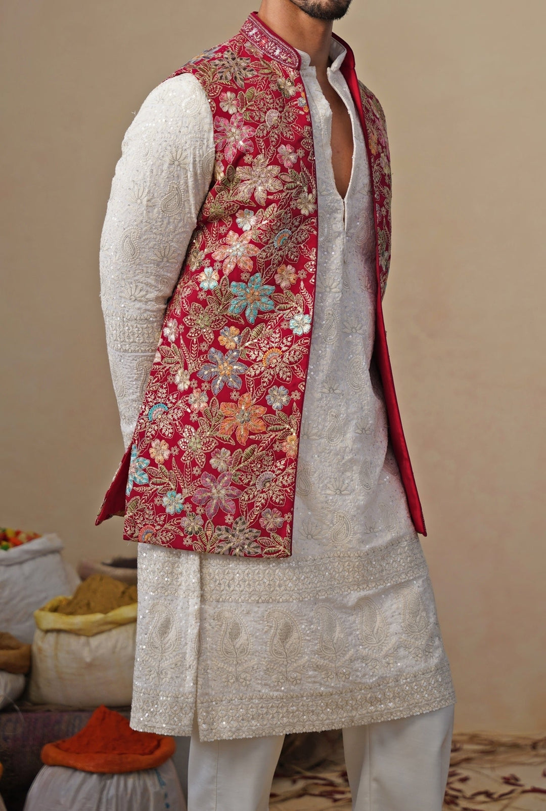 Ivory and Hot Pink Georgette Kurta Jacket Set Kalpraag - Fabilicious Fashion