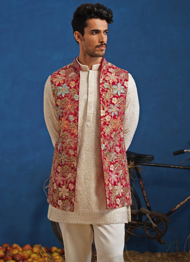 Ivory and Hot Pink Georgette Short Kurta Jacket Set Kalpraag - Fabilicious Fashion