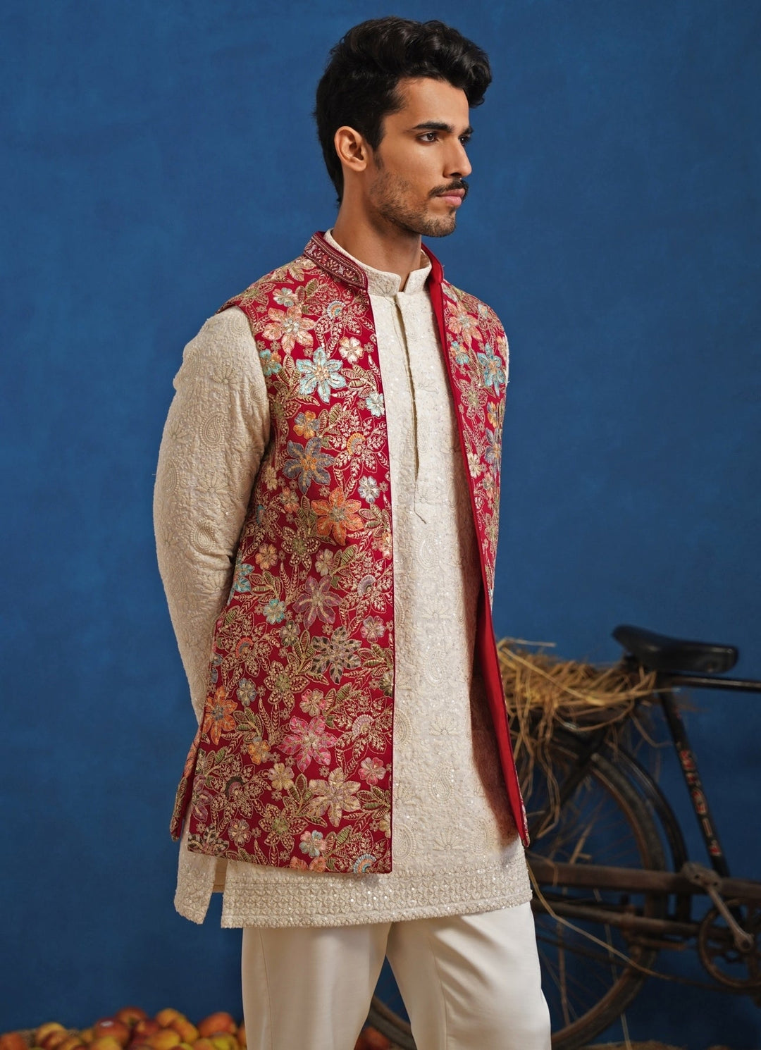 Ivory and Hot Pink Georgette Short Kurta Jacket Set Kalpraag - Fabilicious Fashion