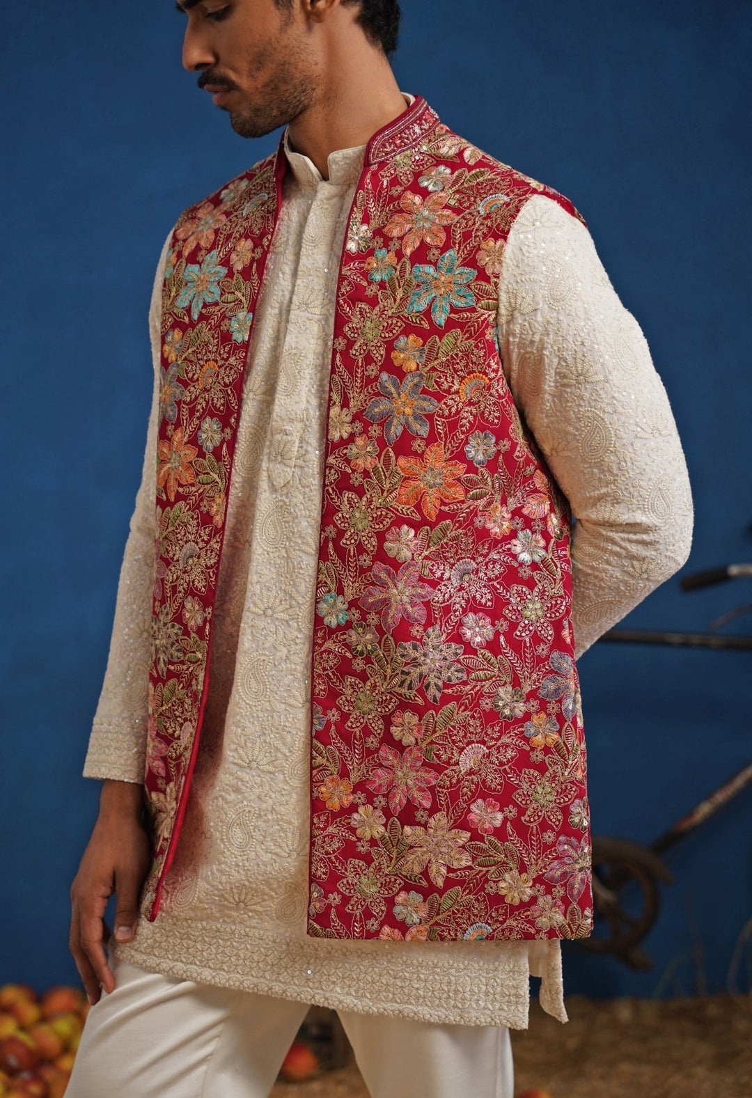 Ivory and Hot Pink Georgette Short Kurta Jacket Set Kalpraag - Fabilicious Fashion