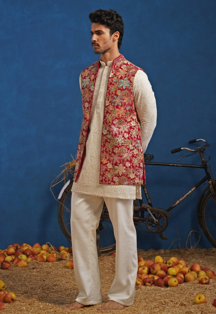 Ivory and Hot Pink Georgette Short Kurta Jacket Set Kalpraag - Fabilicious Fashion