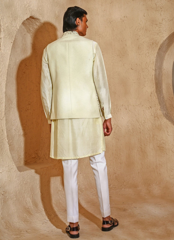 Ivory and Light Beige Embroidered Silk Blend Kurta Jacket Set Chatenya Mittal - Fabilicious Fashion