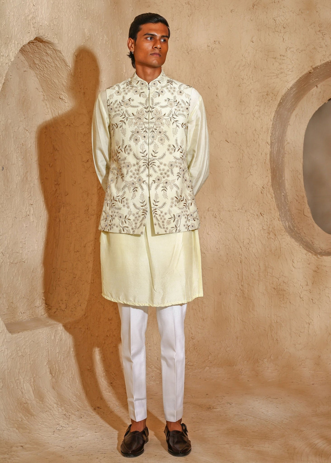 Ivory and Light Beige Embroidered Silk Blend Kurta Jacket Set Chatenya Mittal - Fabilicious Fashion