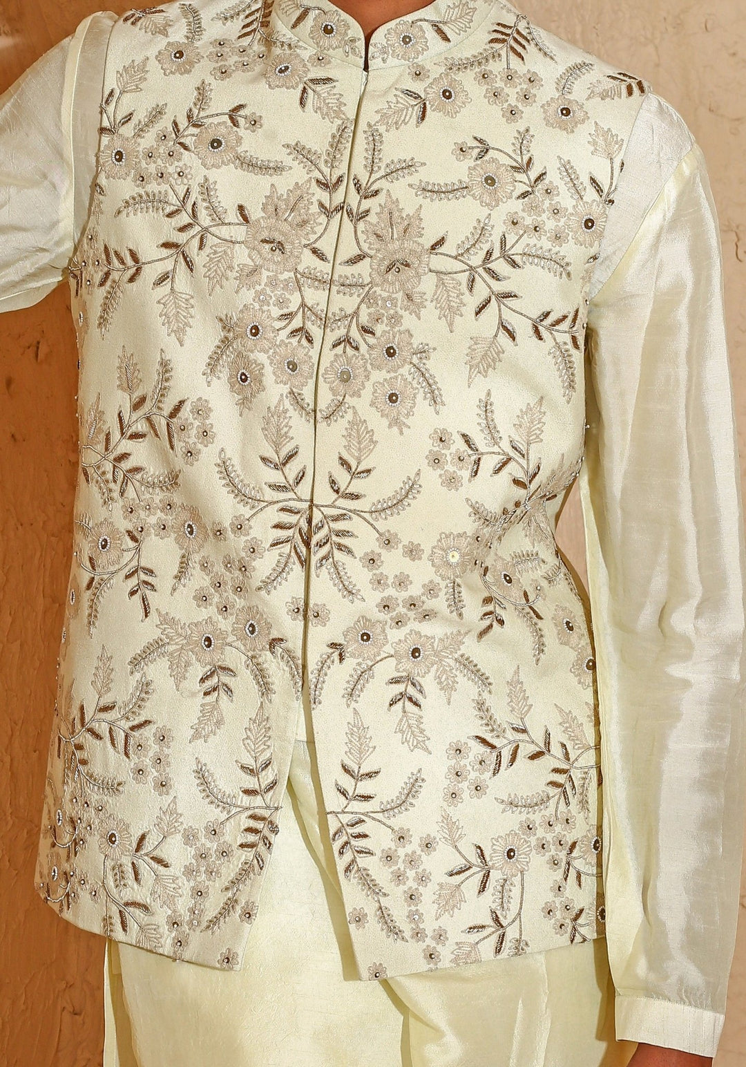 Ivory and Light Beige Embroidered Silk Blend Kurta Jacket Set Chatenya Mittal - Fabilicious Fashion