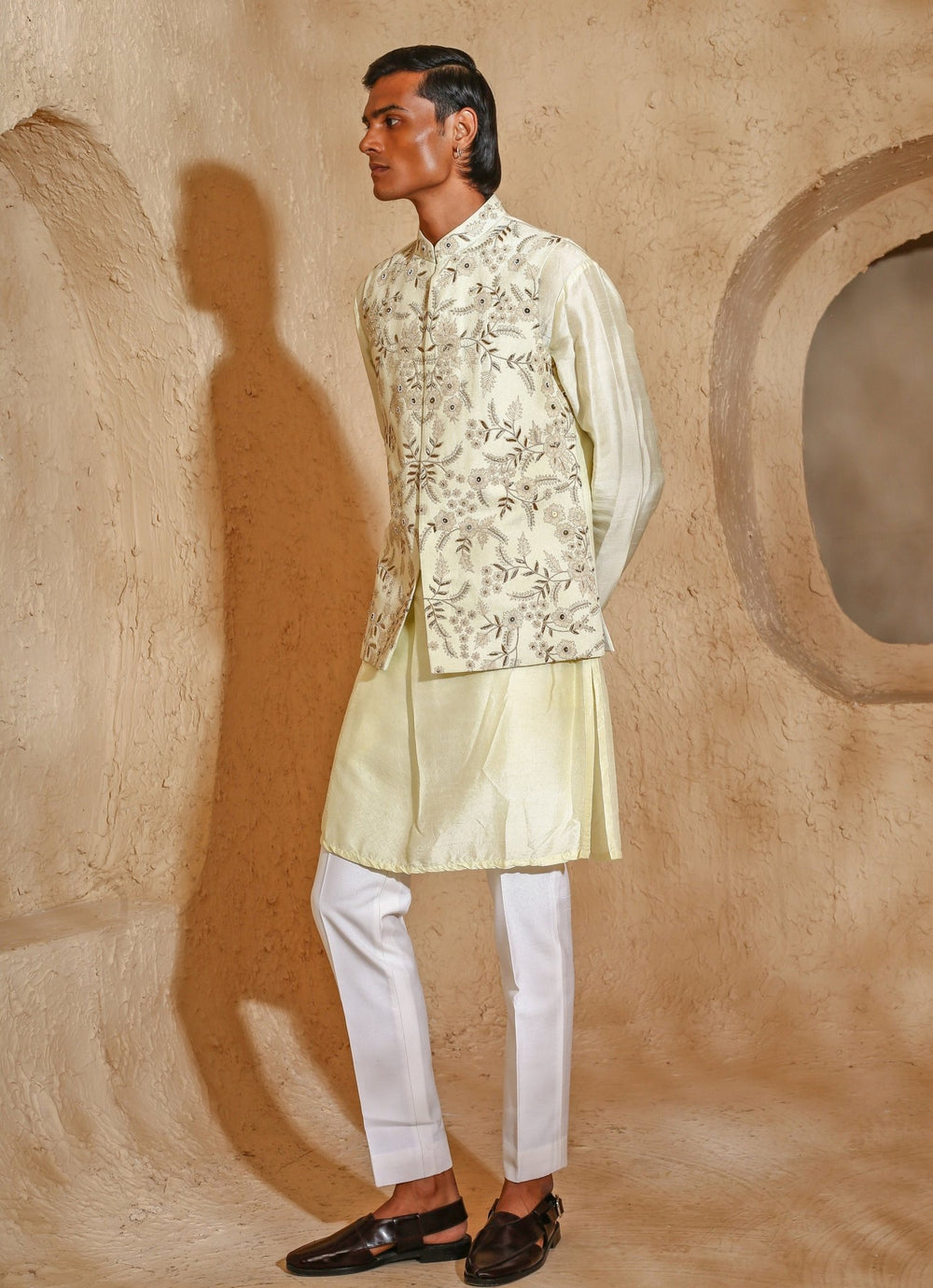 Ivory and Light Beige Embroidered Silk Blend Kurta Jacket Set Chatenya Mittal - Fabilicious Fashion