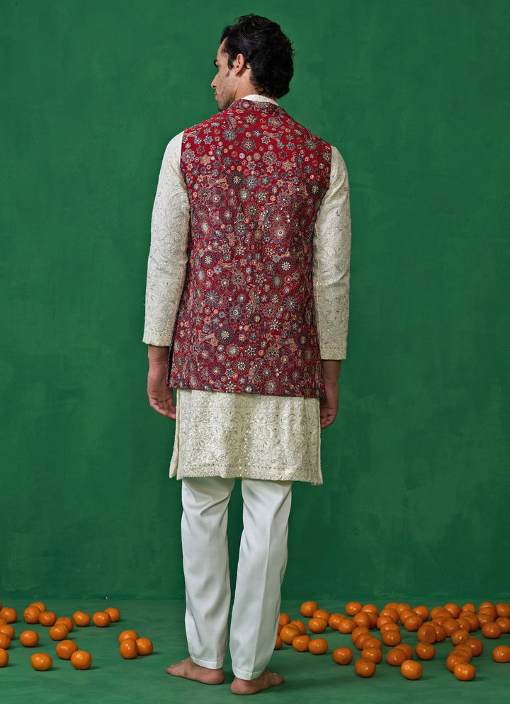 Ivory and Maroon Red Embroidered Georgette Kurta Jacket Set Kalpraag - Fabilicious Fashion
