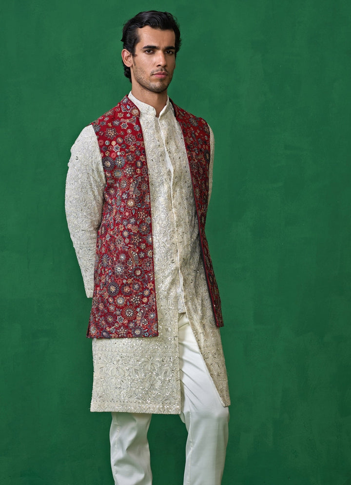 Ivory and Maroon Red Embroidered Georgette Kurta Jacket Set Kalpraag - Fabilicious Fashion