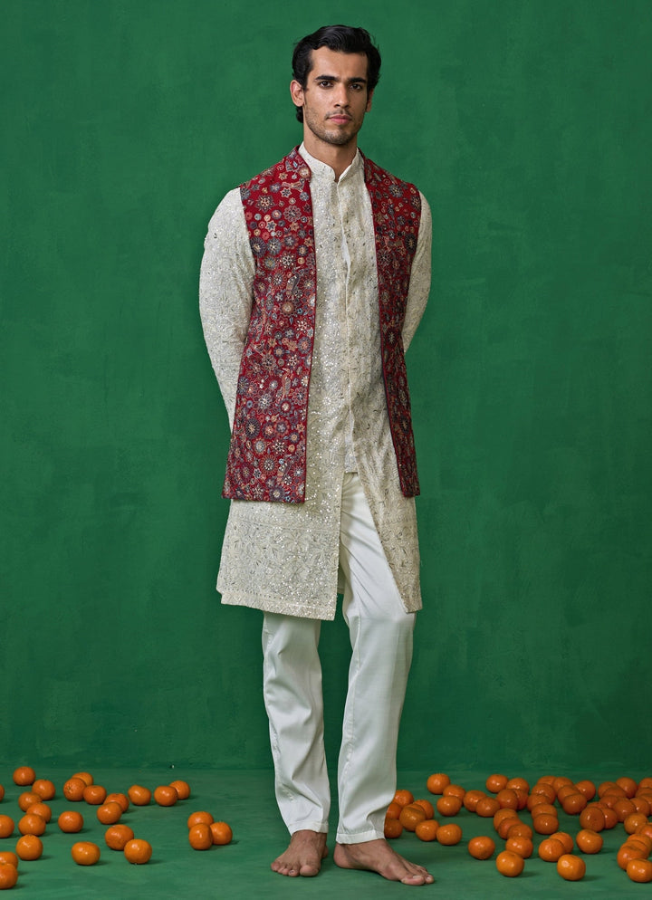 Ivory and Maroon Red Embroidered Georgette Kurta Jacket Set Kalpraag - Fabilicious Fashion