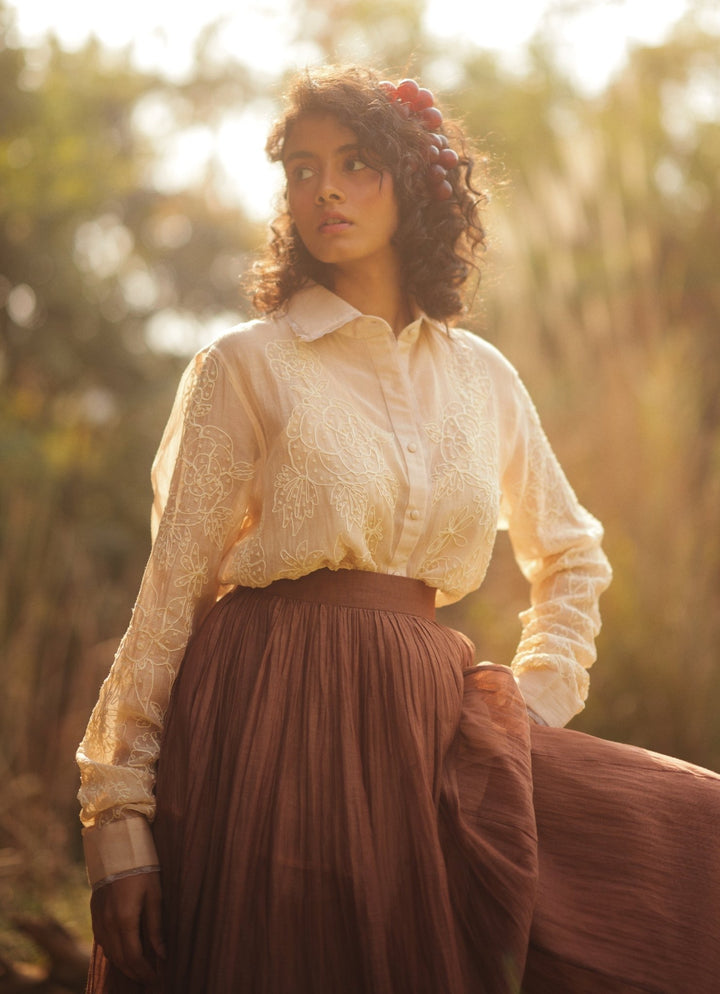 Ivory And Mocha Brown Chanderi Skirt Set Paulmi and Harsh - Fabilicious Fashion
