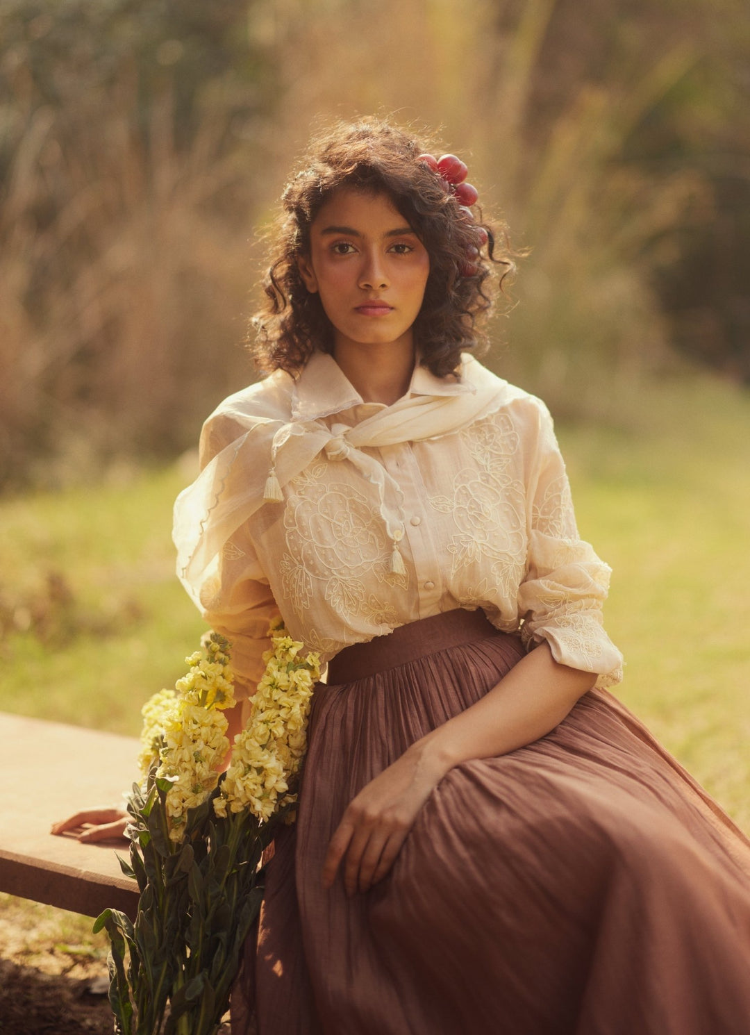 Ivory And Mocha Brown Chanderi Skirt Set Paulmi and Harsh - Fabilicious Fashion
