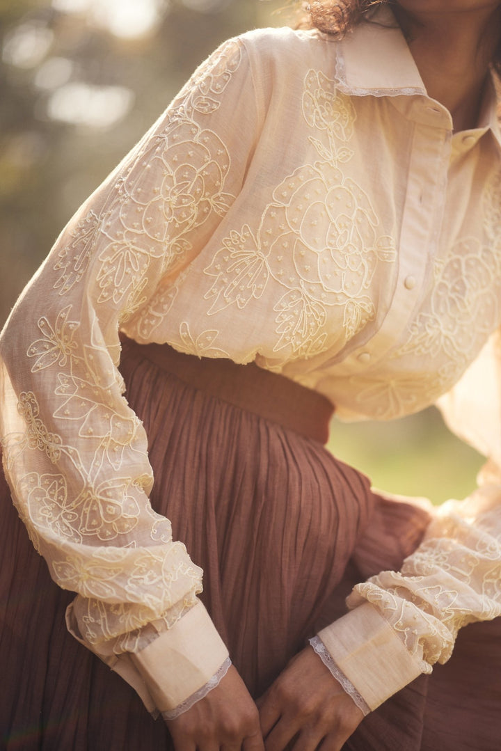 Ivory And Mocha Brown Chanderi Skirt Set Paulmi and Harsh - Fabilicious Fashion