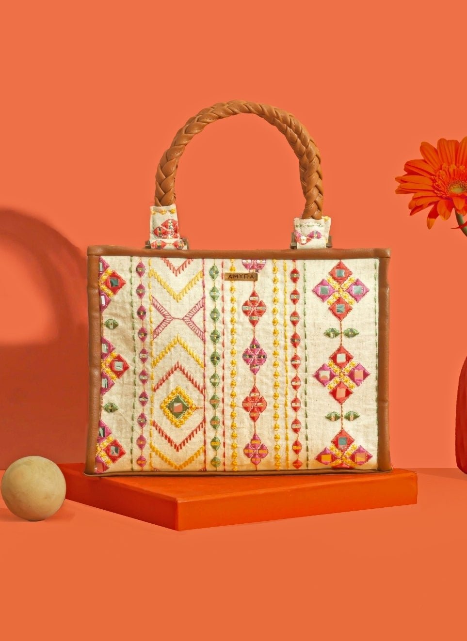 Amyra Ivory And Multicolor Cotton HandbagFabilicious Fashion