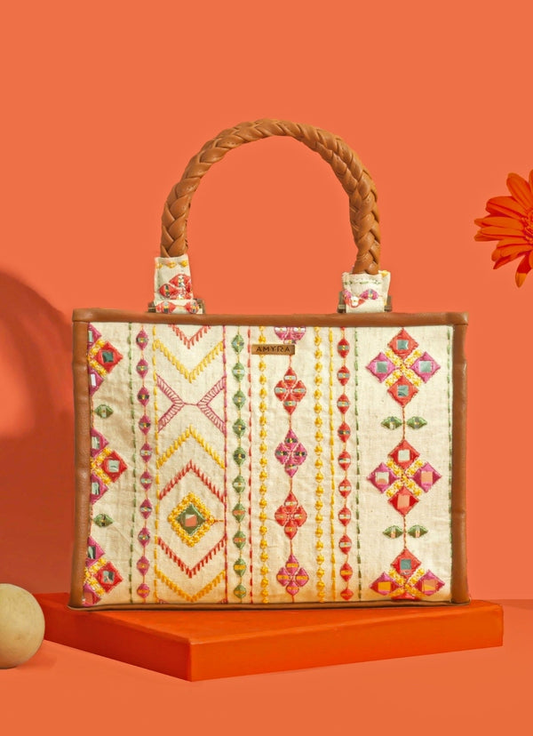 Ivory And Multicolor Cotton Handbag