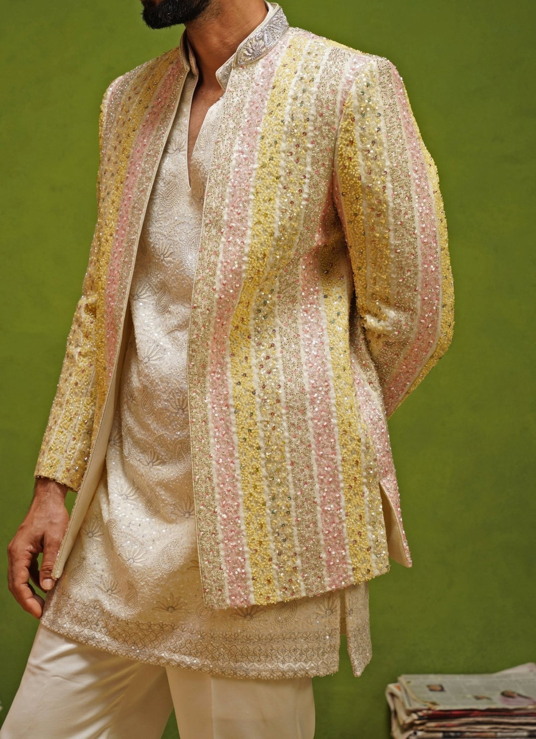 Kalpraag Ivory and Multicolor Tissue Silk Jodhpuri SetFabilicious Fashion