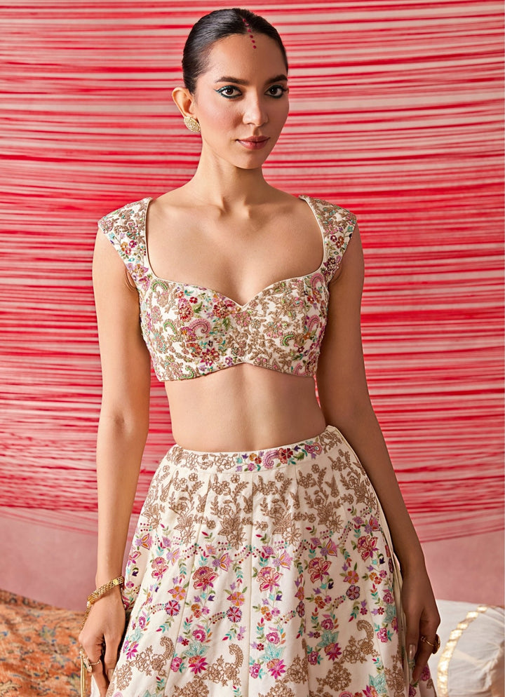 Chamee And Palak Ivory And Multicolour Dupion Silk Lehenga SetFabilicious Fashion