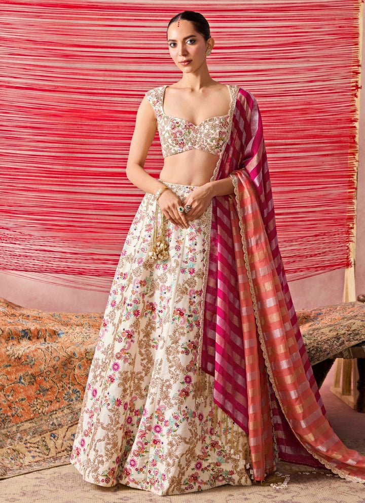 Chamee And Palak Ivory And Multicolour Dupion Silk Lehenga SetFabilicious Fashion