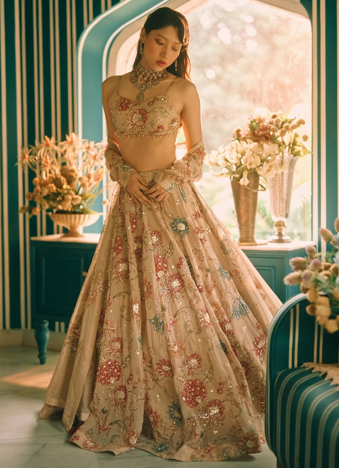 Paulmi and Harsh Ivory And Multicolour Printed Organza Lehenga Set With JacketFabilicious Fashion
