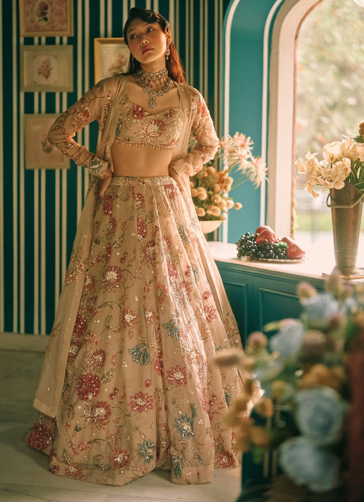 Paulmi and Harsh Ivory And Multicolour Printed Organza Lehenga Set With JacketFabilicious Fashion