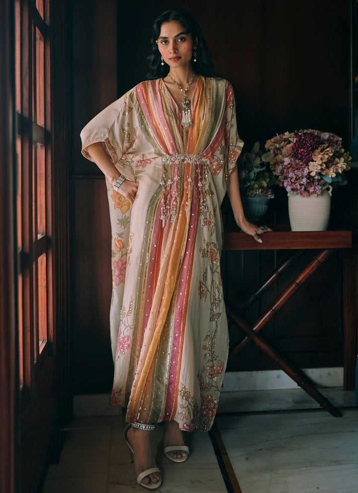 Paulmi and Harsh Ivory And Multicolour Silk Organza Floral KaftanFabilicious Fashion
