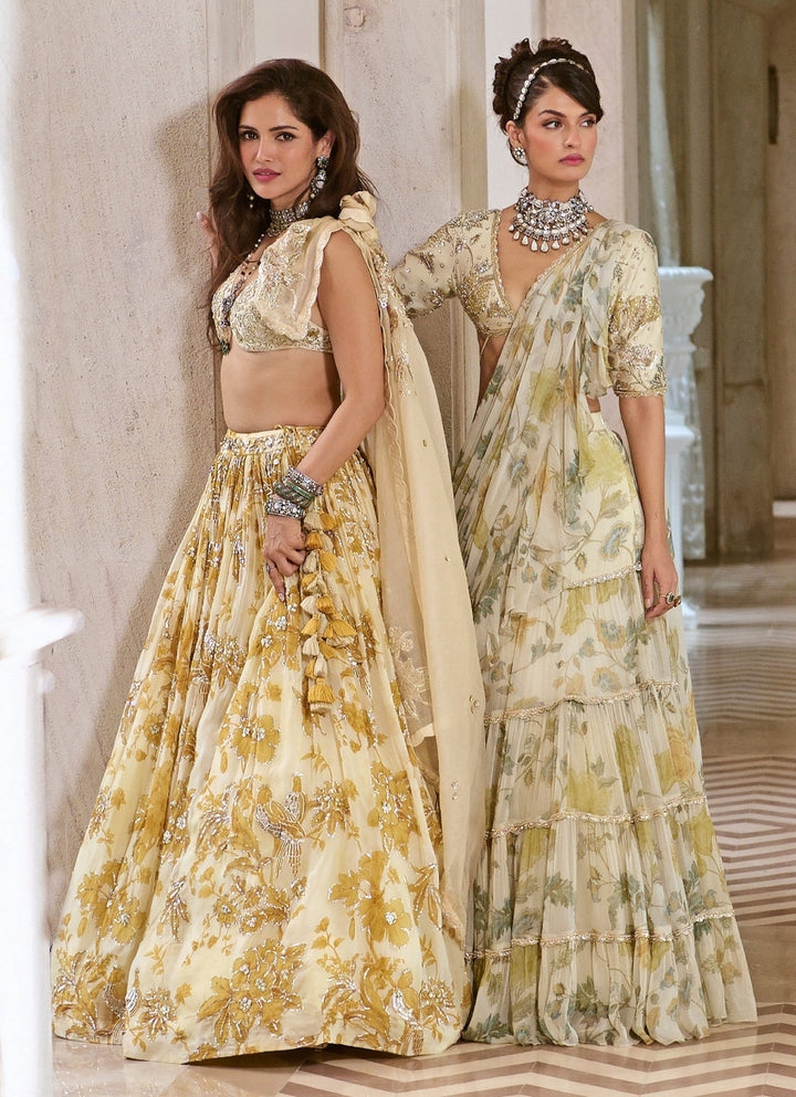 Paulmi and Harsh Ivory And Mustard Yellow Printed Silk Lehenga SetFabilicious Fashion