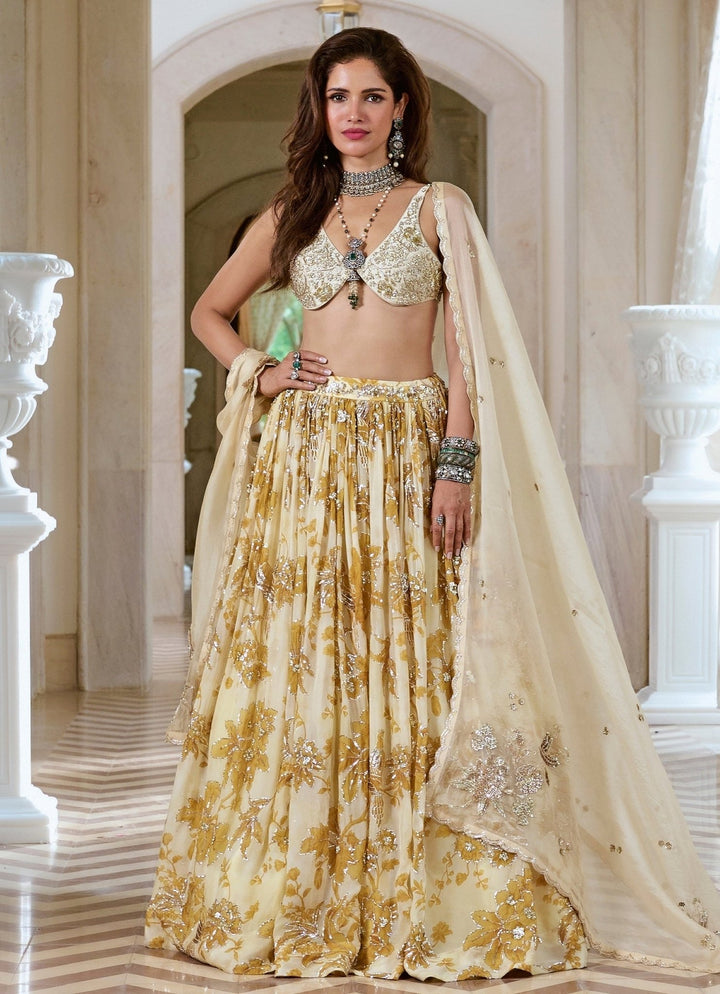 Paulmi and Harsh Ivory And Mustard Yellow Printed Silk Lehenga SetFabilicious Fashion
