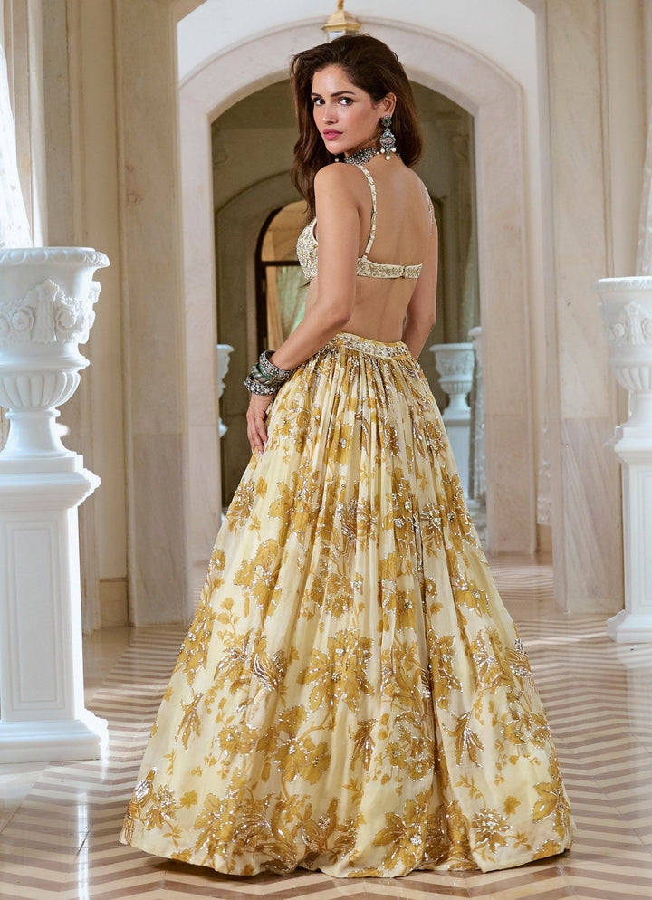 Paulmi and Harsh Ivory And Mustard Yellow Printed Silk Lehenga SetFabilicious Fashion