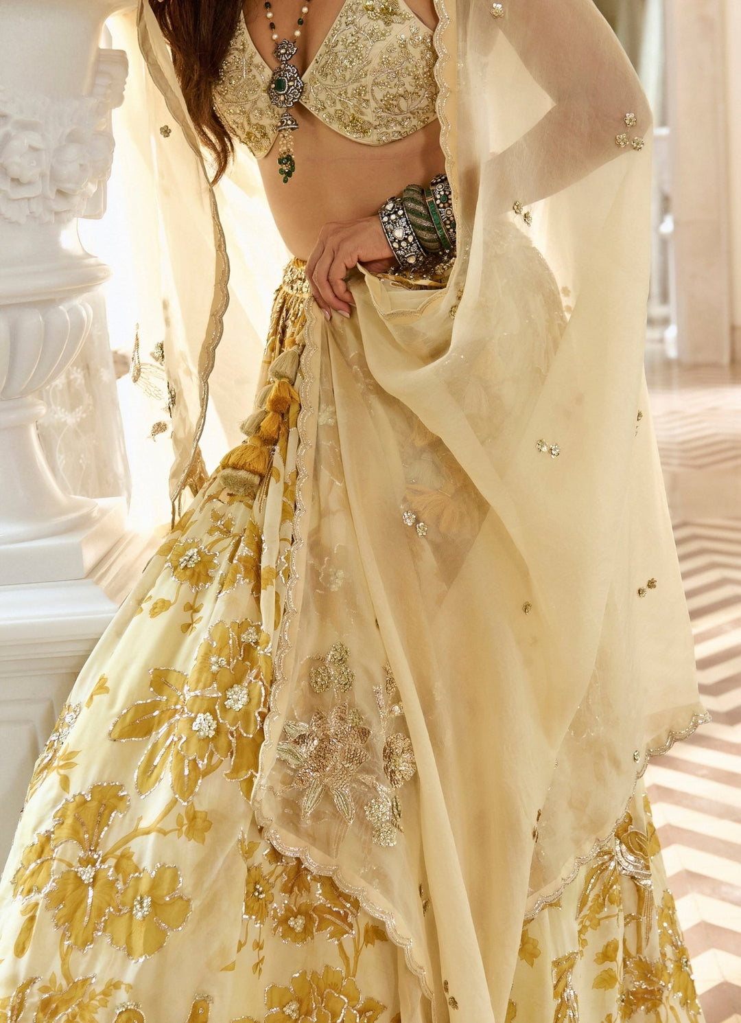 Paulmi and Harsh Ivory And Mustard Yellow Printed Silk Lehenga SetFabilicious Fashion