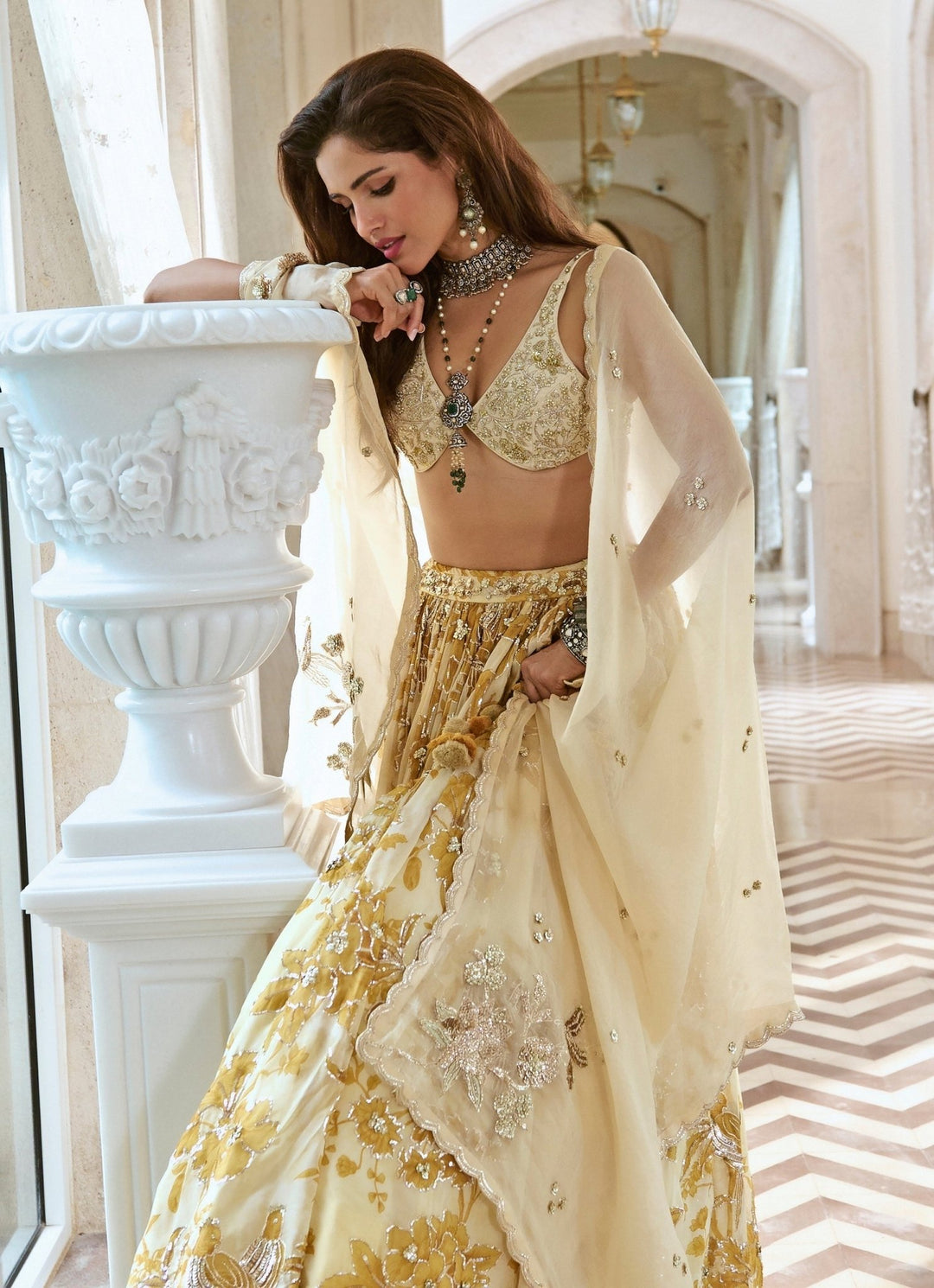 Paulmi and Harsh Ivory And Mustard Yellow Printed Silk Lehenga SetFabilicious Fashion
