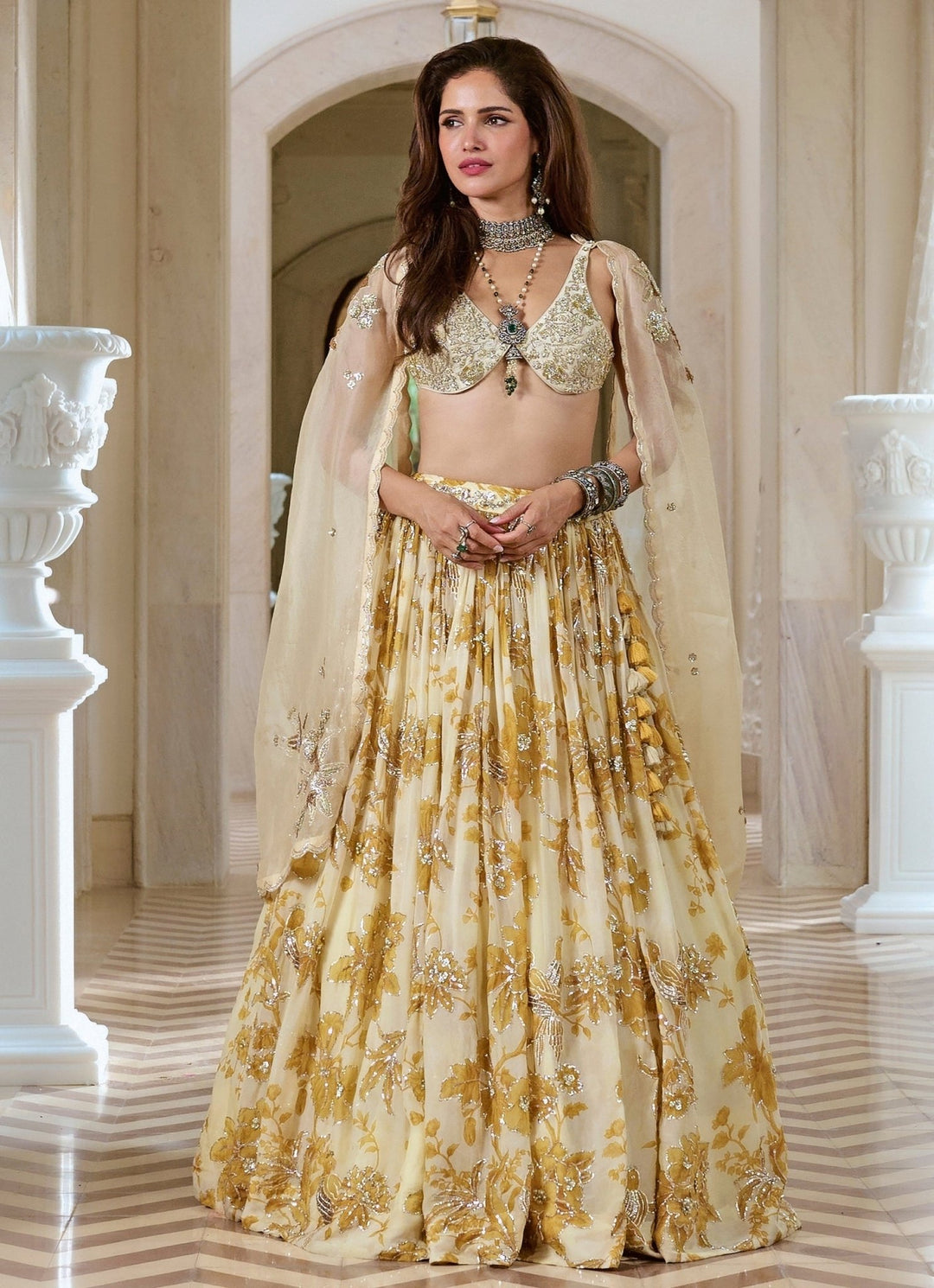 Paulmi and Harsh Ivory And Mustard Yellow Printed Silk Lehenga SetFabilicious Fashion