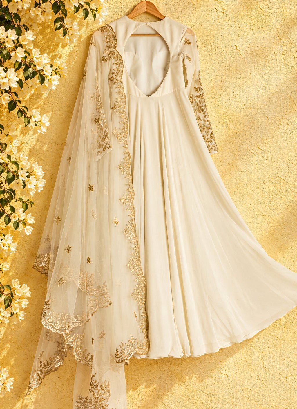 Anisha Shetty Ivory and Muted Gold Georgette Anarkali SetFabilicious Fashion