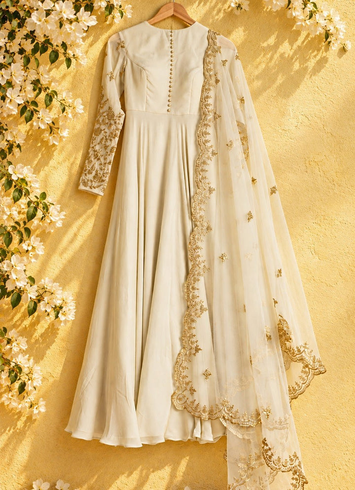 Anisha Shetty Ivory and Muted Gold Georgette Anarkali SetFabilicious Fashion