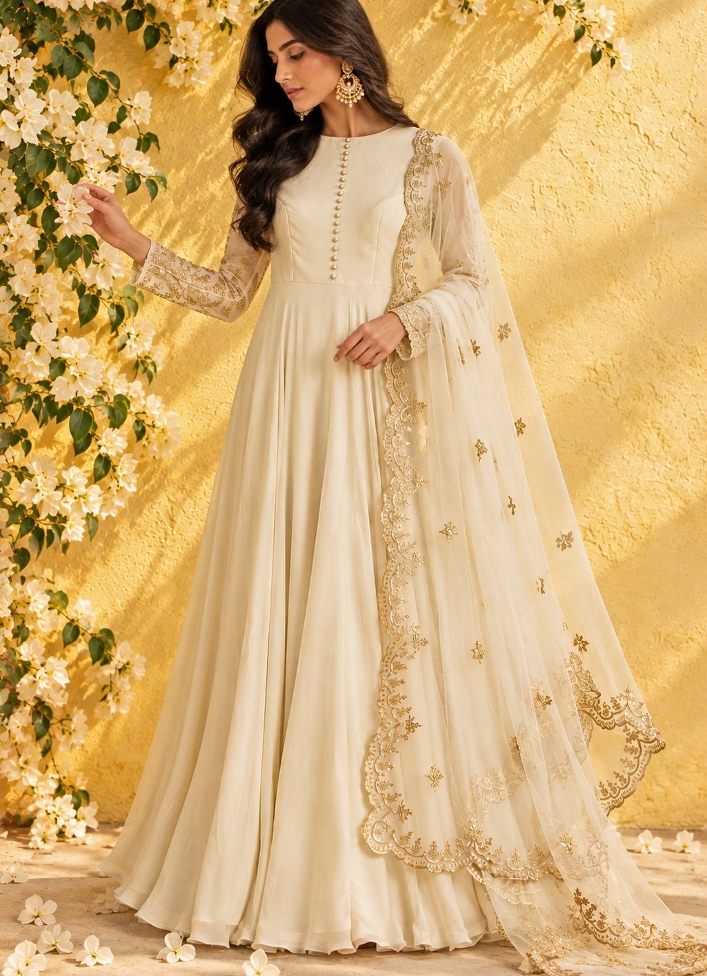 Anisha Shetty Ivory and Muted Gold Georgette Anarkali SetFabilicious Fashion