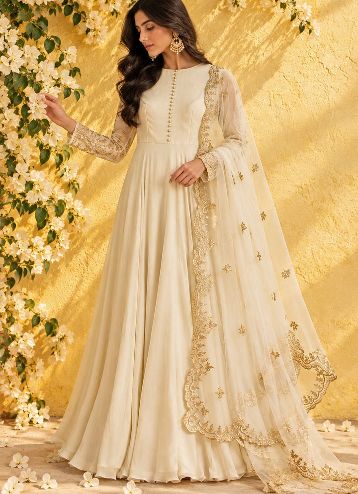 Anisha Shetty Ivory and Muted Gold Georgette Anarkali SetFabilicious Fashion