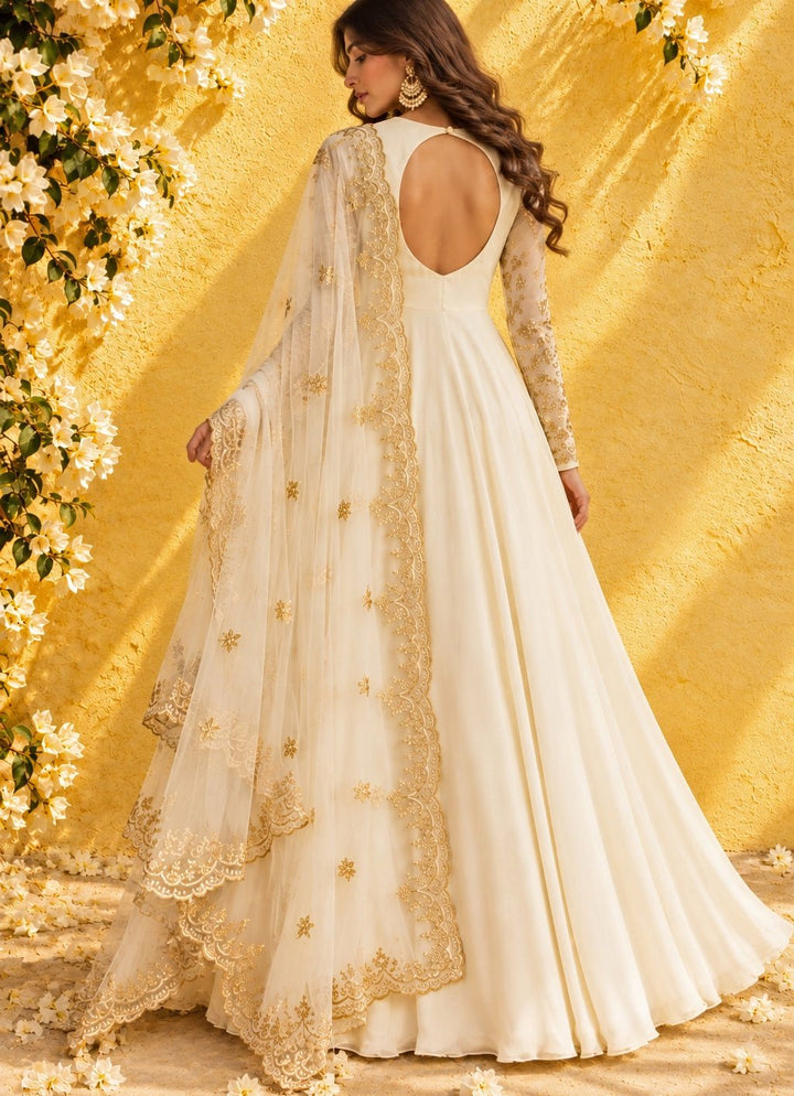 Anisha Shetty Ivory and Muted Gold Georgette Anarkali SetFabilicious Fashion