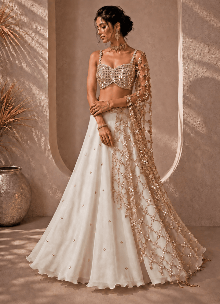 Anisha Shetty Ivory and Muted Gold Organza Lehenga with Mirror BlouseFabilicious Fashion