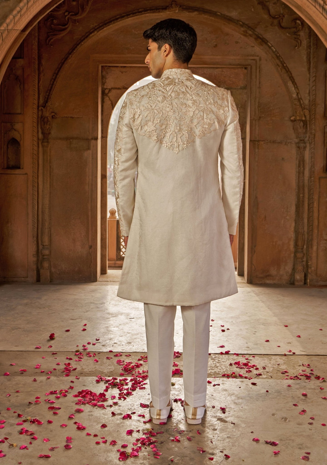 Ivory and Muted Gold Resham Embroidered Silk Sherwani Set Nidhika Shekhar - Men - Fabilicious Fashion