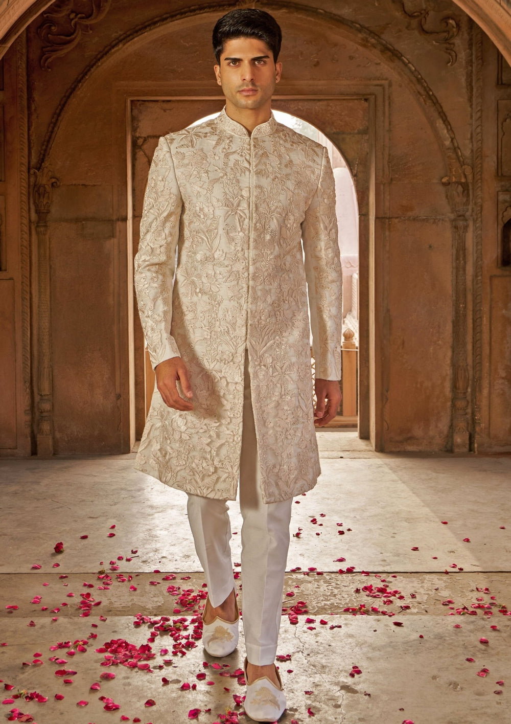 Ivory and Muted Gold Resham Embroidered Silk Sherwani Set Nidhika Shekhar - Men - Fabilicious Fashion