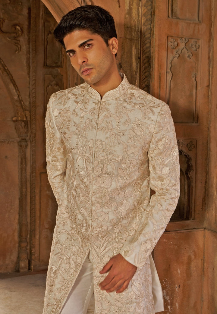 Ivory and Muted Gold Resham Embroidered Silk Sherwani Set Nidhika Shekhar - Men - Fabilicious Fashion