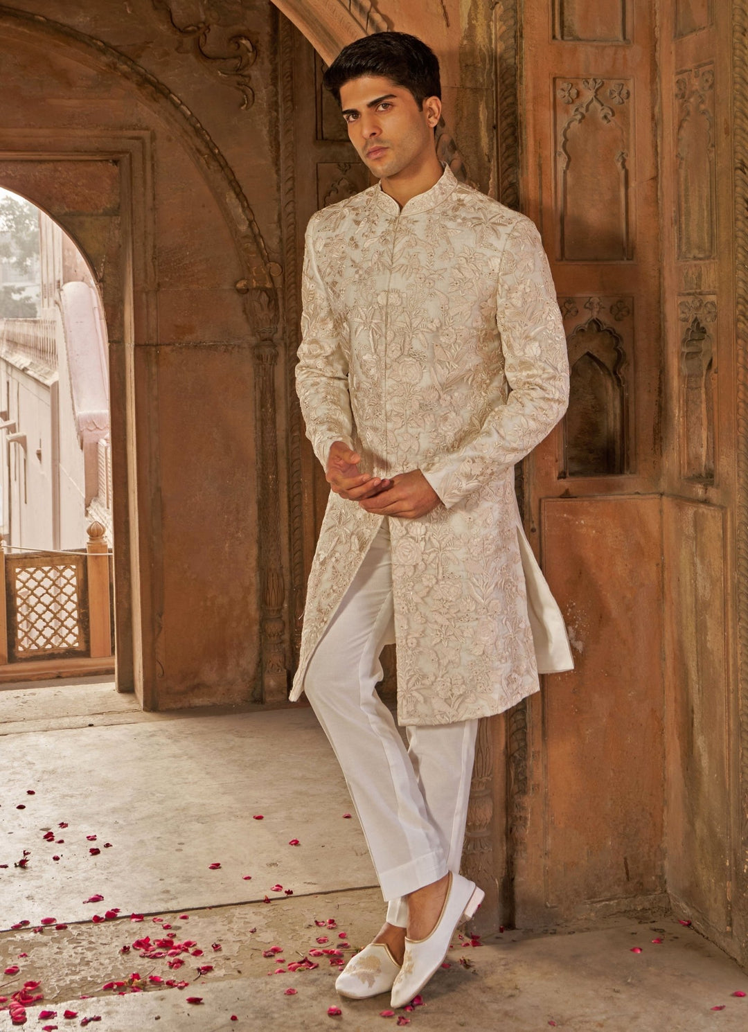 Ivory and Muted Gold Resham Embroidered Silk Sherwani Set Nidhika Shekhar - Men - Fabilicious Fashion