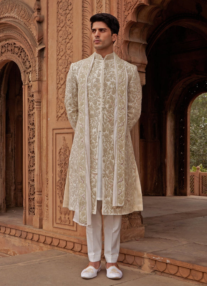 Ivory And Muted Gold Silk Sherwani Set Nidhika Shekhar - Men - Fabilicious Fashion