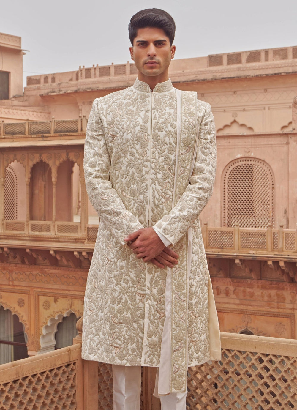 Ivory And Muted Gold Silk Sherwani Set Nidhika Shekhar - Men - Fabilicious Fashion