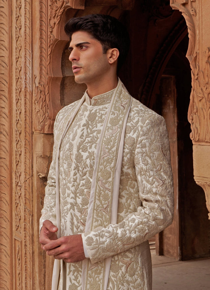 Ivory And Muted Gold Silk Sherwani Set Nidhika Shekhar - Men - Fabilicious Fashion