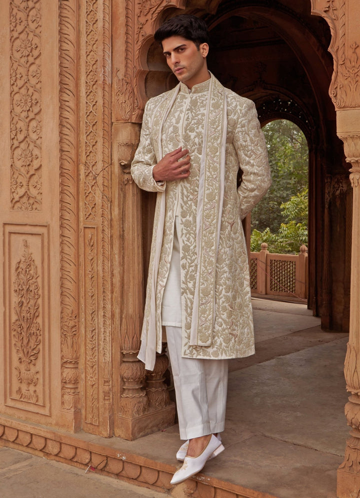 Ivory And Muted Gold Silk Sherwani Set Nidhika Shekhar - Men - Fabilicious Fashion