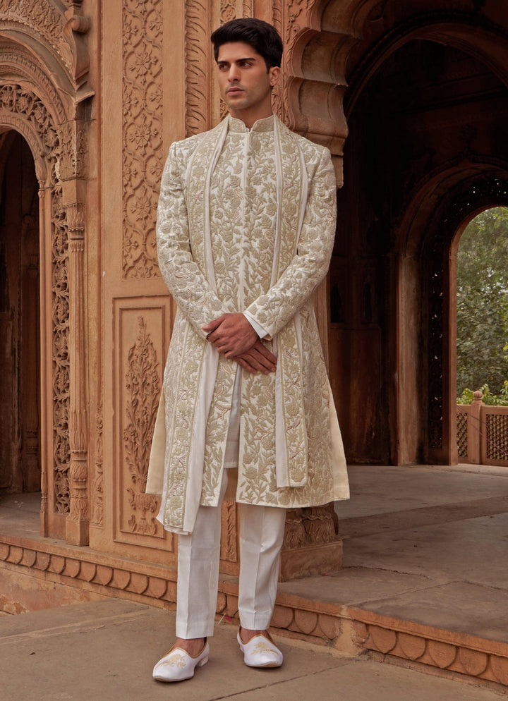 Ivory And Muted Gold Silk Sherwani Set Nidhika Shekhar - Men - Fabilicious Fashion