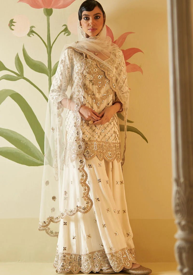 Ivory and Muted Rose Gold Mirror Work Silk Kurta Set Angad Singh - Fabilicious Fashion