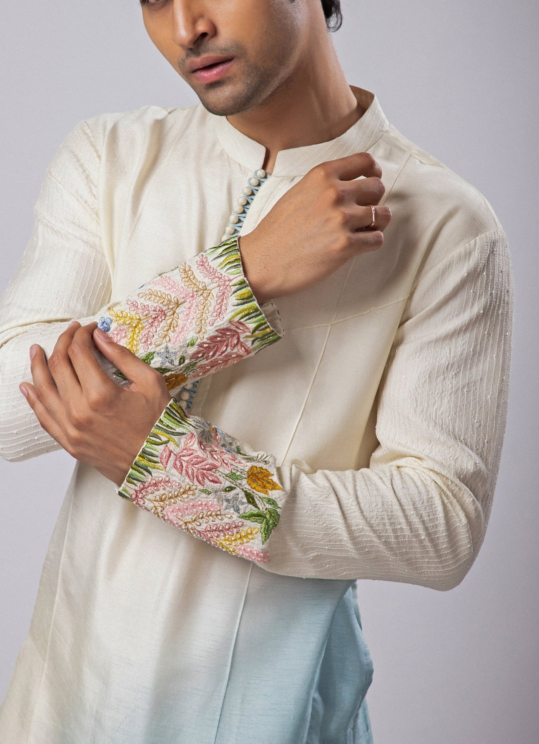 Ivory and Pastel Blue Ombre Embroidered Silk Kurta Pant Set Smriti - Fabilicious Fashion